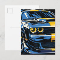 Retro Blue Muscle Car Front Pop Art Illustration
