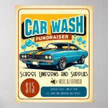 Retro Blue Muscle Car Wash Fundraiser Poster
