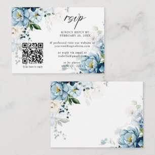 Retro Blue Navy Cream Floral QR Code Wedding RSVP Enclosure Card