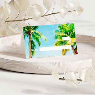 Retro Blue Ocean Beach Palm Trees Tropical Wedding Place Card