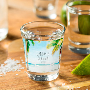 Retro Blue Ocean Beach Palm Trees Tropical Wedding Shot Glass