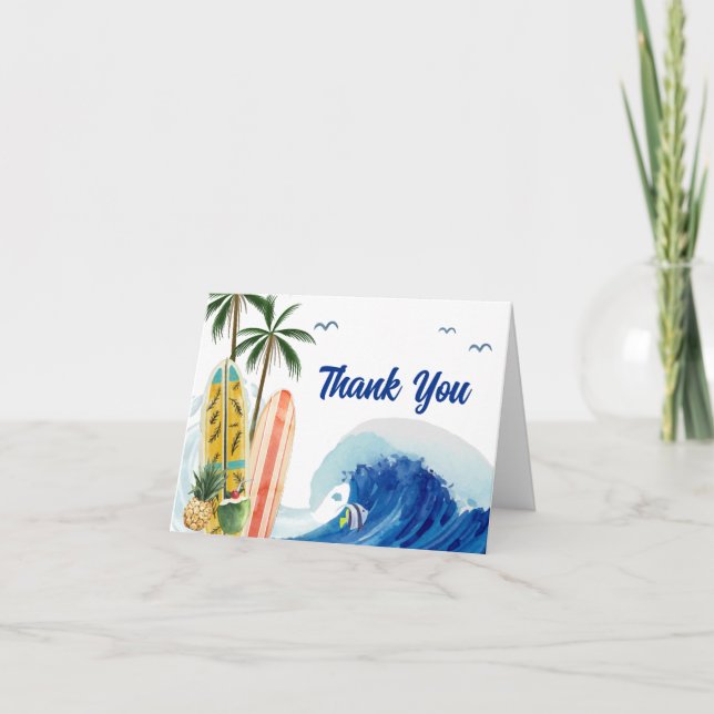 Retro Blue Ocean Wave Surfboard Baby Shower  Thank You Card (Front)