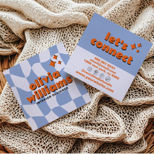 Retro Blue Orange Bold Groovy Checkered Trendy Fun Square Business Card