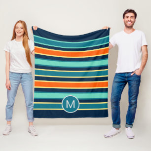 Retro Blue Orange Custom Colour Striped Monogram Fleece Blanket
