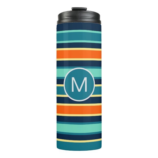 Retro Blue Orange Custom Colour Striped Monogram Thermal Tumbler (Front)