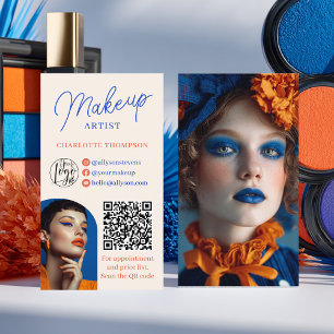 Retro Blue Orange Makeup Artist 2 Photos Qr Code Business Card