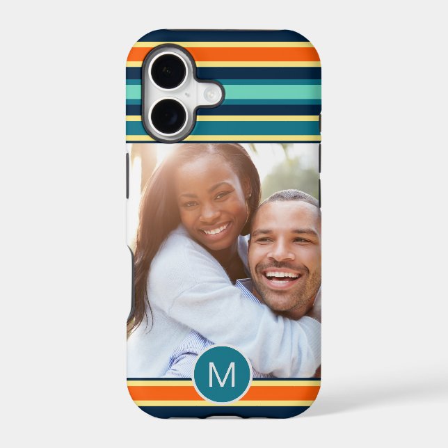 Retro Blue Orange Striped Monogram Custom Photo (Back)