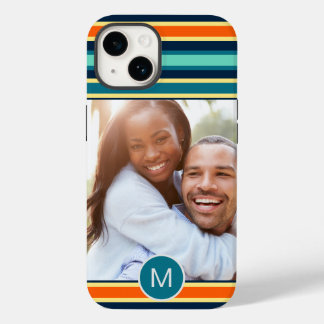 Retro Blue Orange Striped Monogram Custom Photo Case-Mate iPhone 14 Case