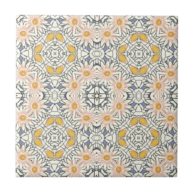 Retro Blue Orange Yellow Daisy Graphic Pattern Tile (Front)
