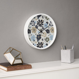 Retro Blue Outlined Patterned Flowers Clock