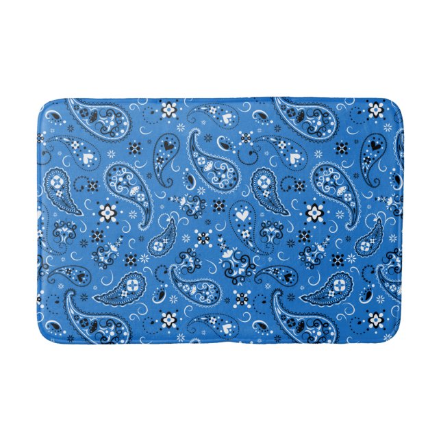 Retro Blue Paisley Bandana Pattern Bath Mat (Front)