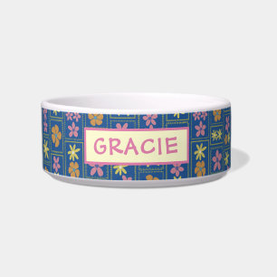 Retro Blue Patchwork Floral Custom Medium Dog Bowl