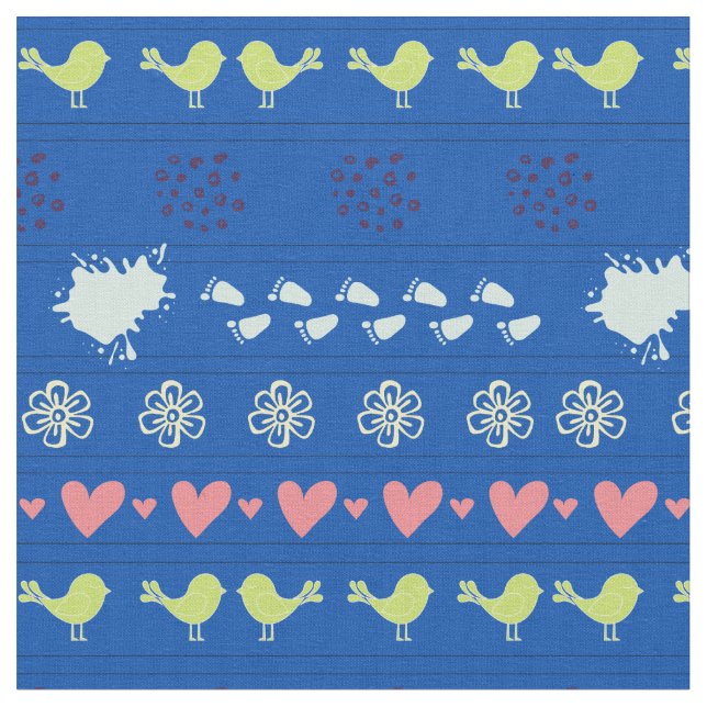 Retro blue pattern of birds, dots, footsteps,  fabric (Close Up)
