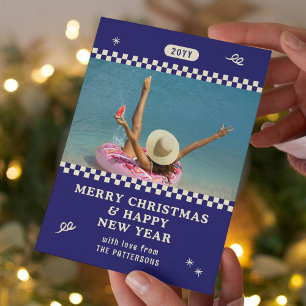 Retro Blue Personalized Christmas Photo Holiday Card