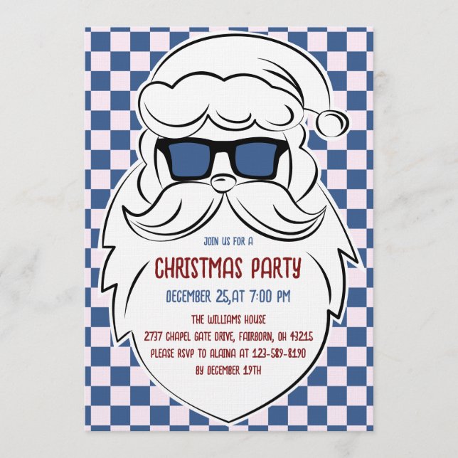 Retro Blue & Pink Checkered Santa Claus Christmas Invitation (Front)