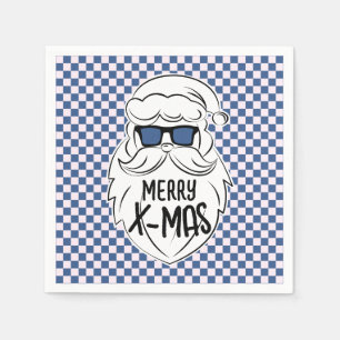 Retro Blue Pink Checkered Santa Claus Christmas Napkin