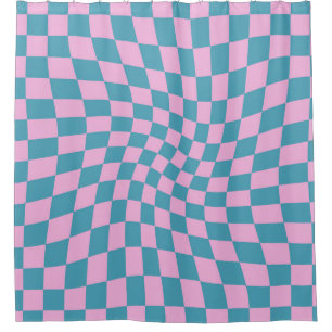 Retro Blue Pink Checks Warped Chequered