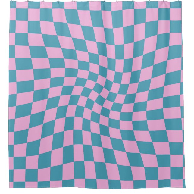Retro Blue Pink Checks Warped Chequered (Front)