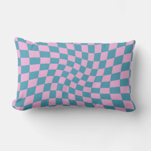 Retro Blue Pink Pastel Warped Chequerboard  Lumbar Pillow