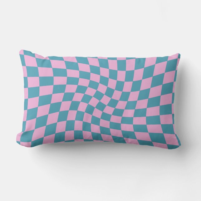 Retro Blue Pink Pastel Warped Chequerboard  Lumbar Pillow (Front)