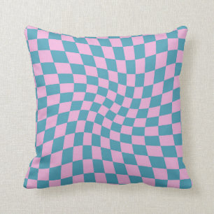 Retro Blue Pink Pastel Warped Chequerboard  Throw Pillow