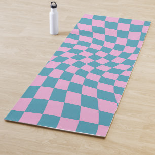 Retro Blue Pink Warped Checkerboard Checkered Yoga Mat