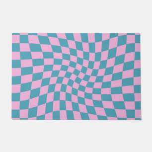 Retro Blue Pink Warped Chequerboard Chequered Doormat