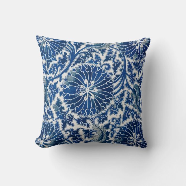 Retro Blue Poppy Ming Dynasty China Throw Pillow (Front)