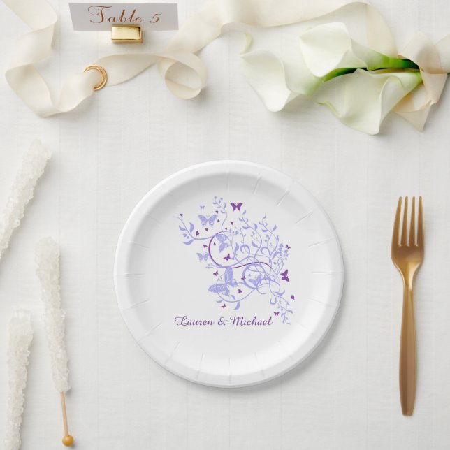 Retro Blue Purple Butterfly Swirl Wedding Paper Plate (Wedding)