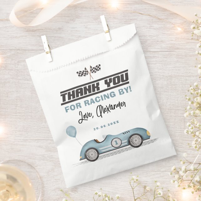 Retro Blue Race Car Fast One 1st Birthday Favour Bag (Clipped)