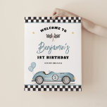 Retro Blue Race Car Fast One Birthday Welcome Poster<br><div class="desc">Celebrate your little speedster's special day with our charming welcome sign,  designed exclusively for boys' birthday celebrations. This eye-catching sign blends vintage charm with playful whimsy,  featuring a beautifully illustrated retro race car in a serene shade of dusty blue,  accented by matching balloons.</div>