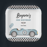 Retro Blue Race Car Two Fast Boy 2nd Birthday Paper Plate<br><div class="desc">Celebrate your little speedster's special day with our charming paper plates, designed exclusively for boys' birthday celebrations. These eye-catching napkins blend vintage charm with playful whimsy, featuring a beautifully illustrated retro race car in a serene shade of dusty blue, accented by matching balloons that add a pop of joy to...</div>