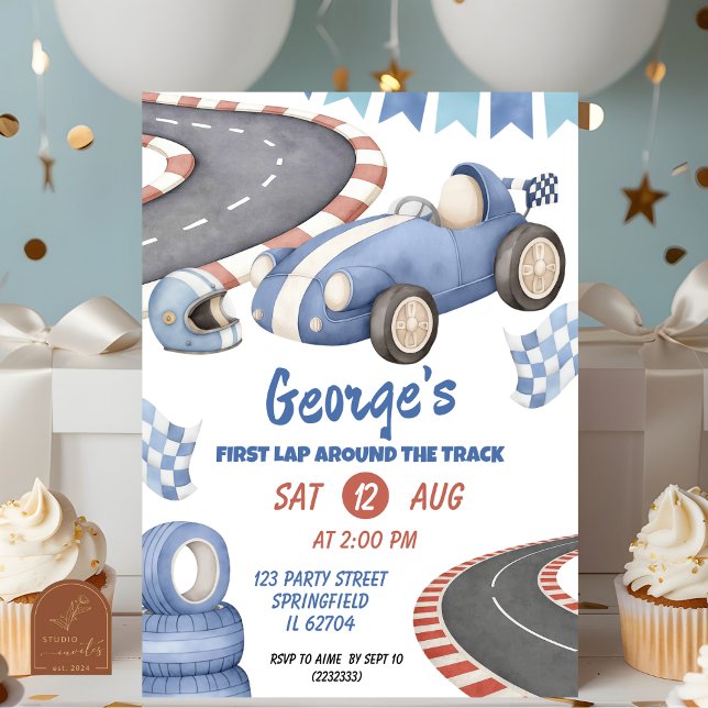 Retro Blue Racing Birthday First Lap Invitation (Creator Uploaded)