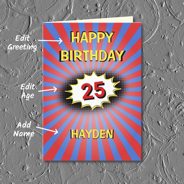 Retro blue red custom name and age birthday card (Creator Uploaded)