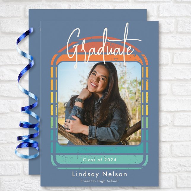 Retro Blue Red Orange Sunset Arch Photo Graduation Invitation (Retro Blue Red Orange Sunset Arch Photo Graduation Invitation)