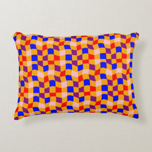 Retro blue red purple orange white chequered accent pillow