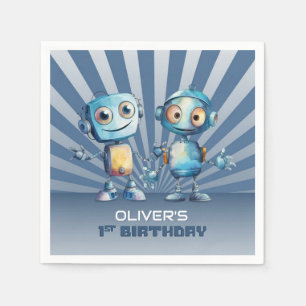 Retro Blue Robot Theme 1st Birthday Napkin