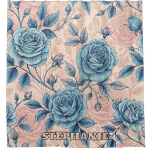 Retro Blue Rose Pattern on Soft Pink Background