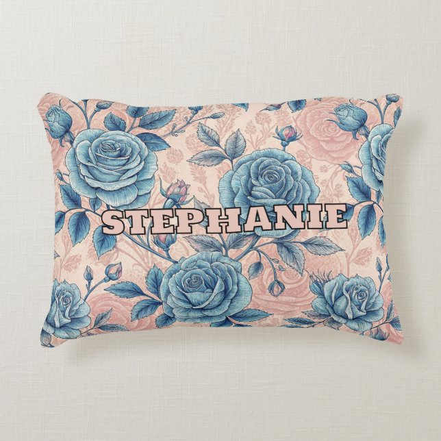 Retro Blue Rose Pattern on Soft Pink Background Accent Pillow (Front)