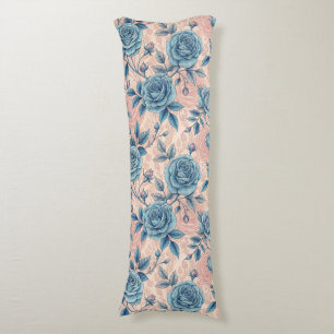 Retro Blue Rose Pattern on Soft Pink Background Body Pillow