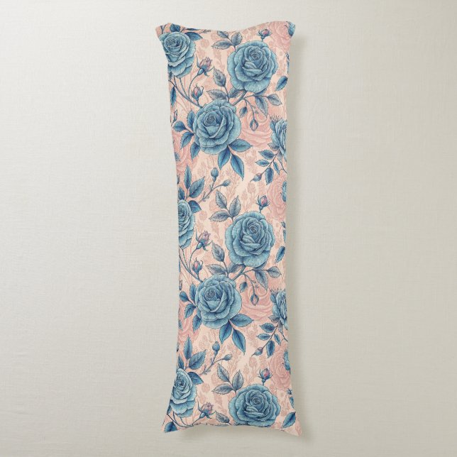 Retro Blue Rose Pattern on Soft Pink Background Body Pillow (Front Vertical)