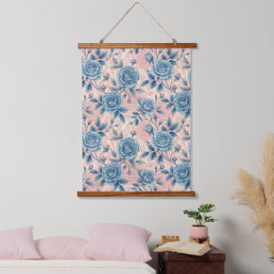 Retro Blue Rose Pattern on Soft Pink Background Hanging Tapestry