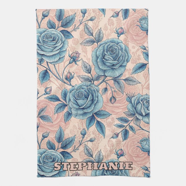 Retro Blue Rose Pattern on Soft Pink Background Kitchen Towel (Vertical)