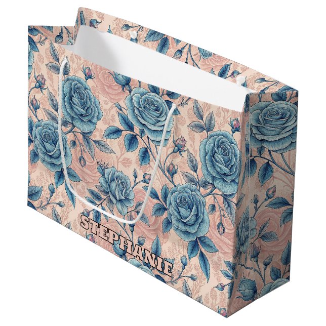 Retro Blue Rose Pattern on Soft Pink Background Large Gift Bag (Front Angled)