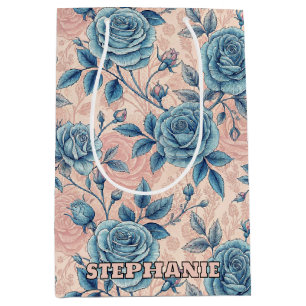 Retro Blue Rose Pattern on Soft Pink Background Medium Gift Bag
