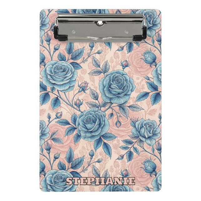 Retro Blue Rose Pattern on Soft Pink Background Mini Clipboard (Front)