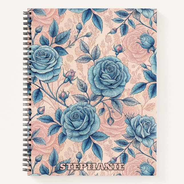 Retro Blue Rose Pattern on Soft Pink Background Notebook (Front)