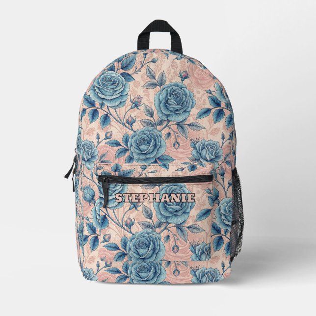 Retro Blue Rose Pattern on Soft Pink Background Printed Backpack (Front)