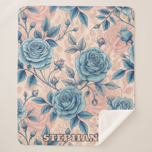 Retro Blue Rose Pattern on Soft Pink Background Sherpa Blanket