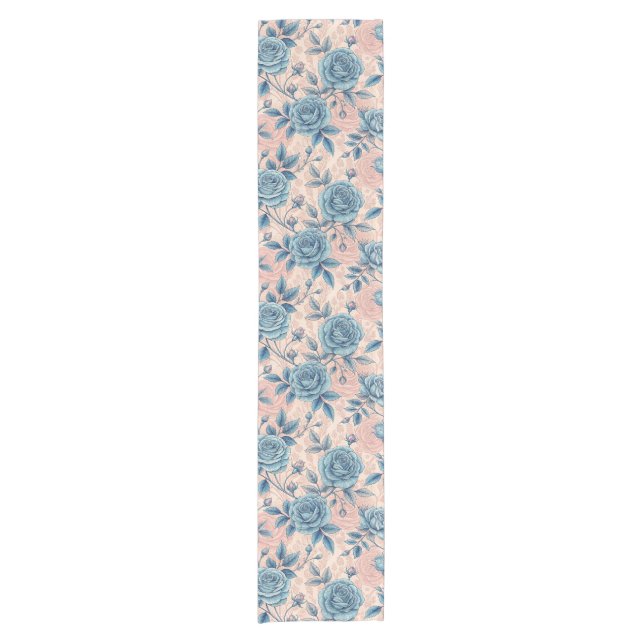 Retro Blue Rose Pattern on Soft Pink Background Short Table Runner (Front)